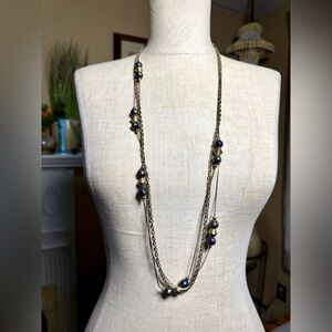 Vintage Gold and Silver Tone Multi-Chain Necklace with Blue & Gold Beads